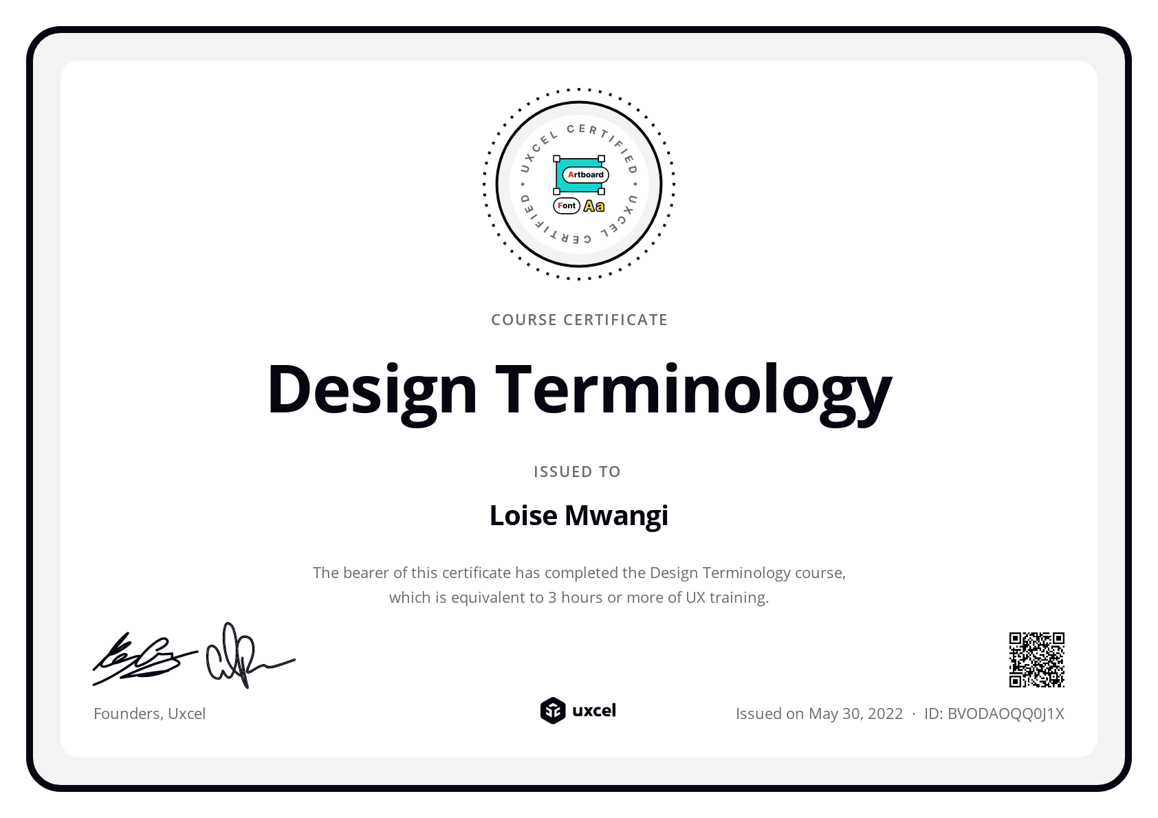 Loise Mwangi's certificate